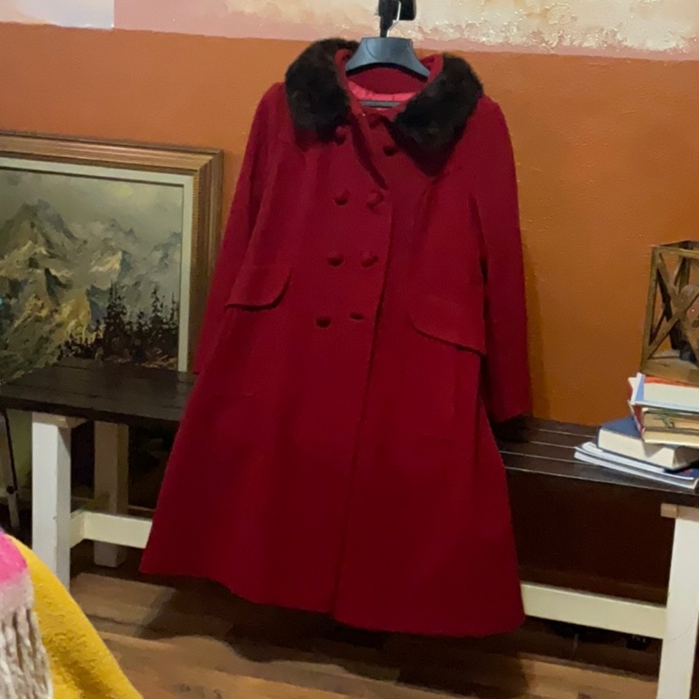 Vintage red wool and mink coat with red lining. Union labeled.